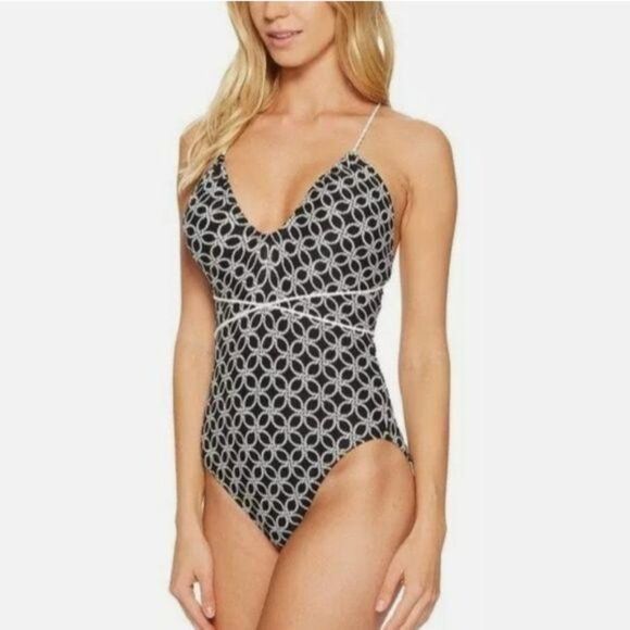 Michael Kors Rope Geo Print Plunging Neckline One-Piece Swimsuit - Picture 4 of 15
